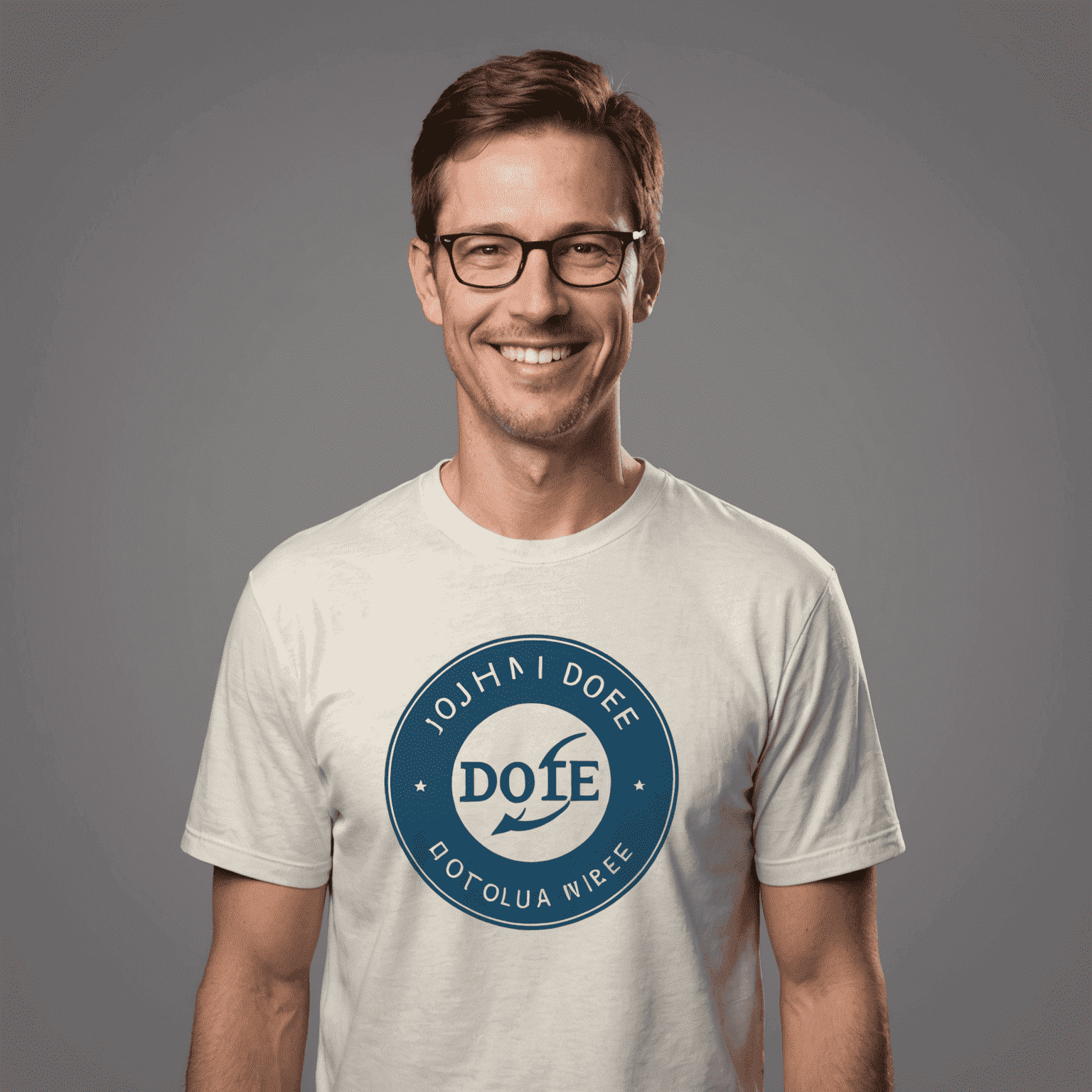 Portrait of John Doe, a man in his 30s with short brown hair and glasses, wearing a casual tech company t-shirt, smiling at the camera