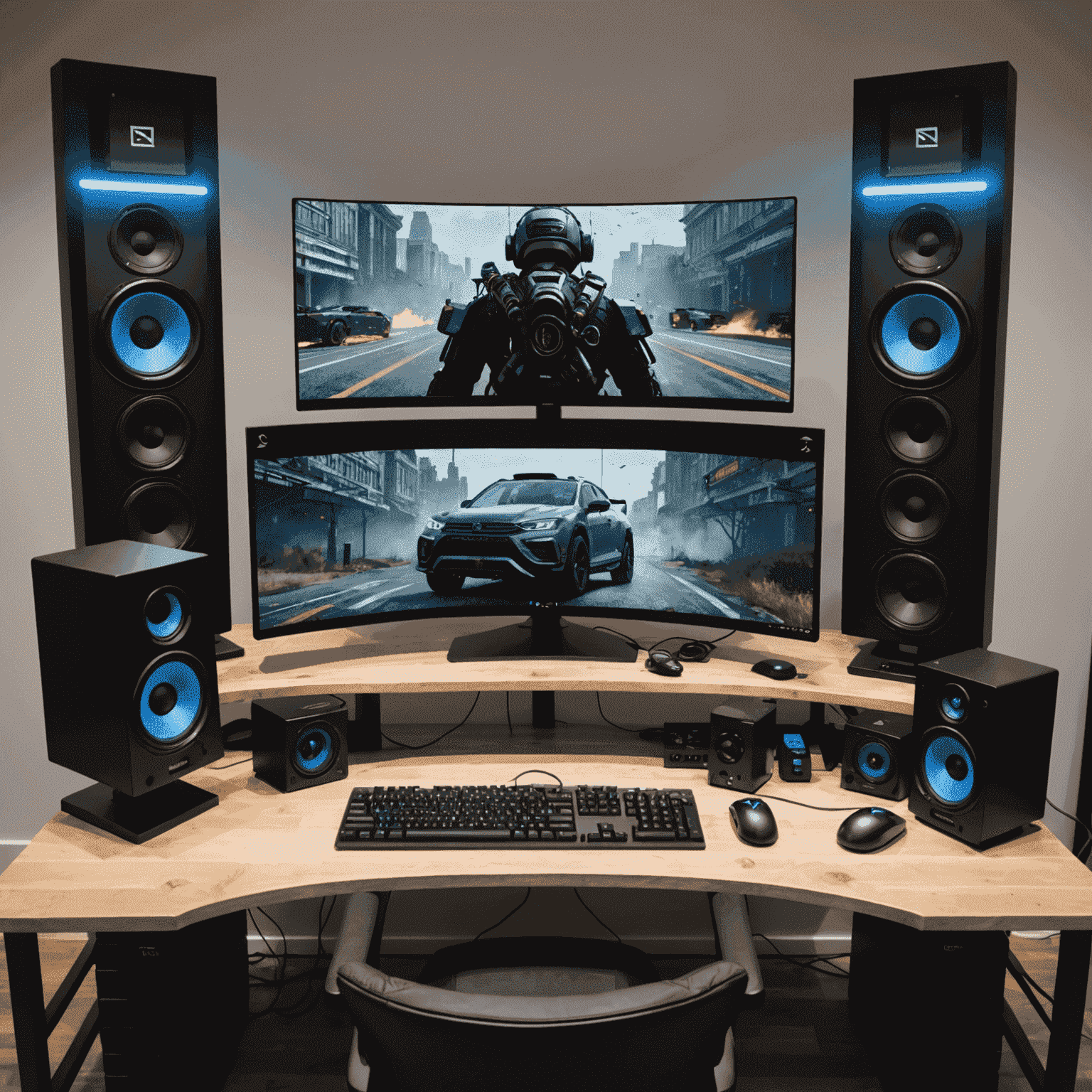 A professional gaming setup with multiple monitors, high-end microphone, capture card, and streaming PC