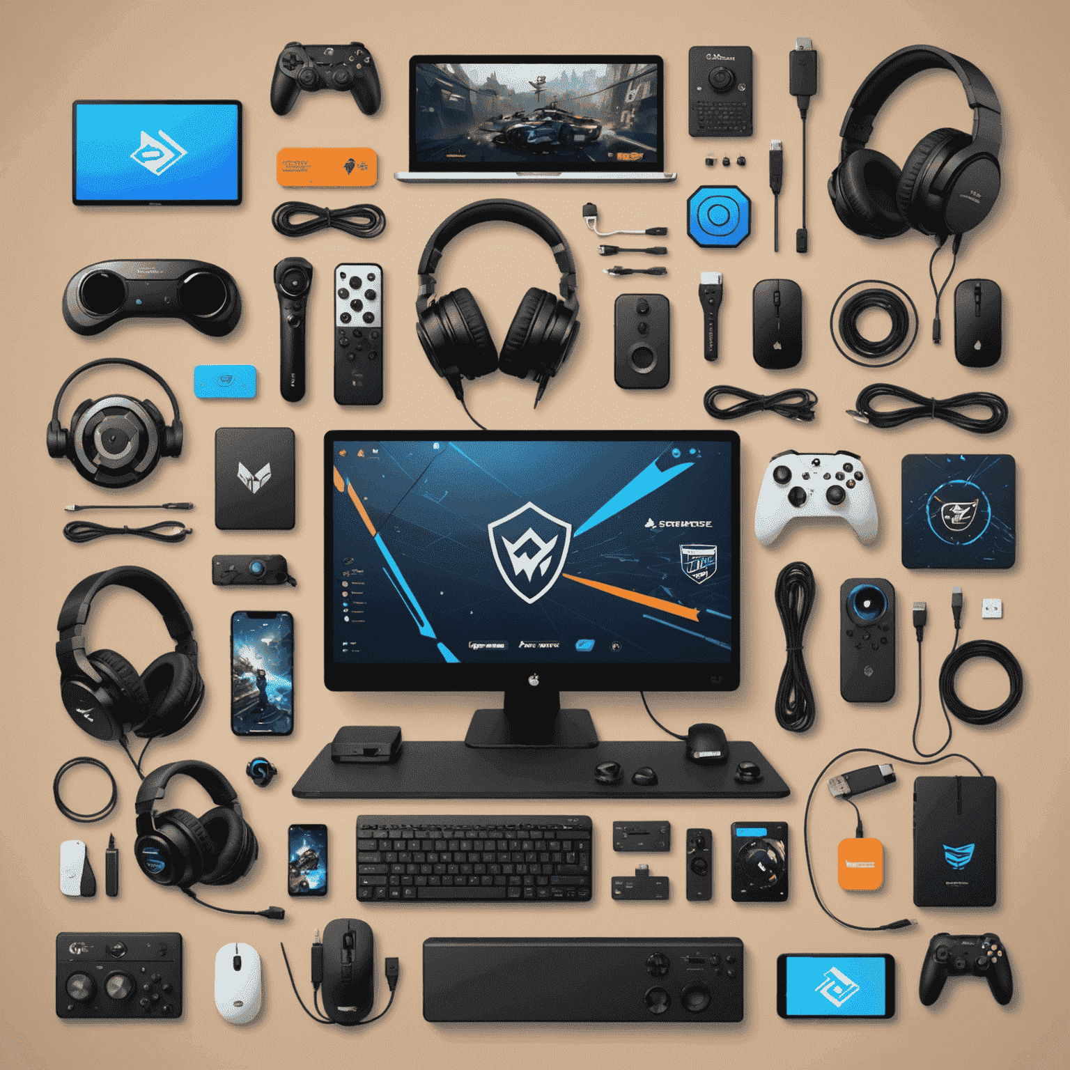 Collage of various design tools and a streamer's setup, showcasing logos, overlays, and emotes for gaming streams