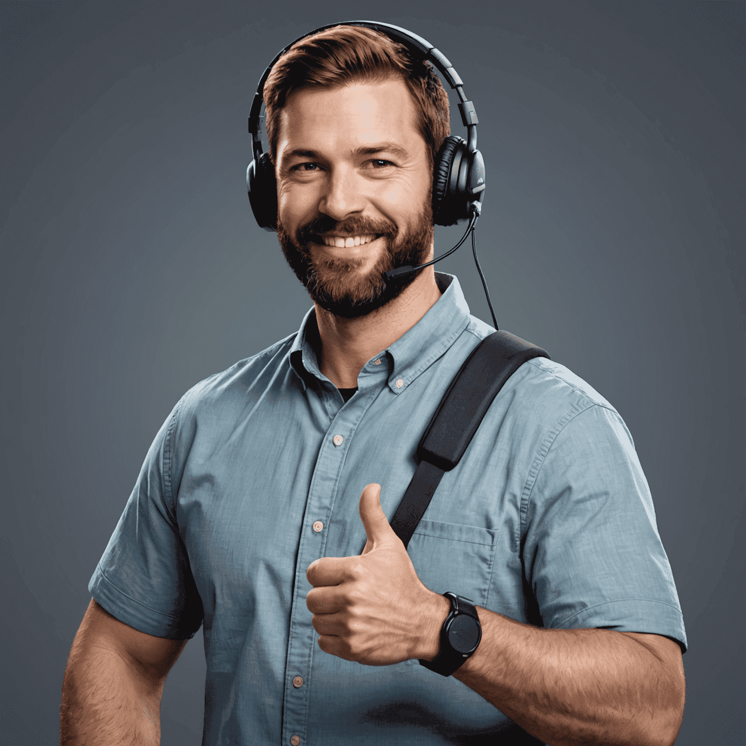 Portrait of Mike Johnson, a man in his mid-30s with a beard, wearing a gaming headset and a casual shirt, giving a thumbs up